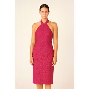 Zara Fuchsia Lace Halter Backless Long Midi Back Slit Lined Sheath Dress Sz XS
